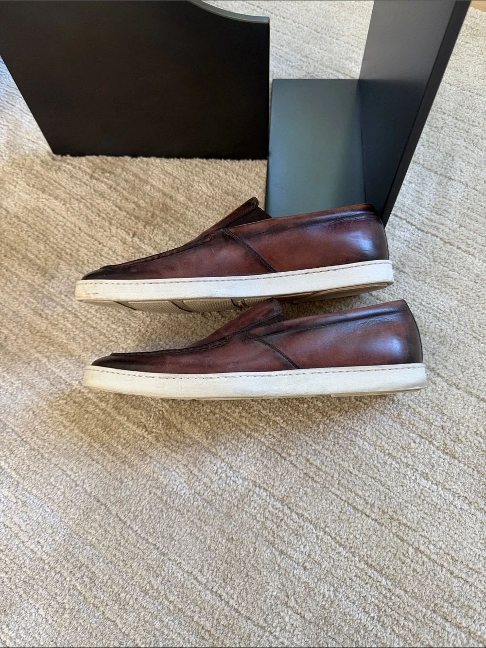 Santoni Brown Leather Slip-On Sneakers with White Sole
